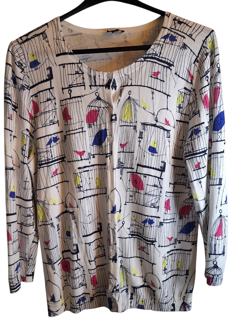 Talbots White Cardigan with Blue Linework and Pink & Yellow Birds L